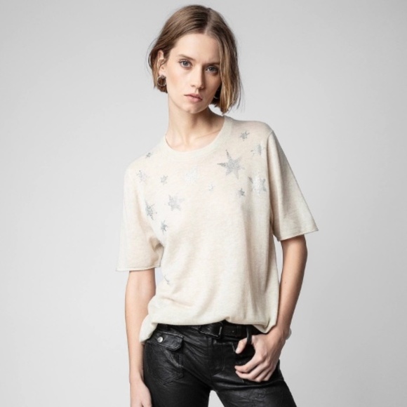 Zadig & Voltaire Ida Stars Strass Cashmere Sweater Sugar SZ L - Picture 1 of 16